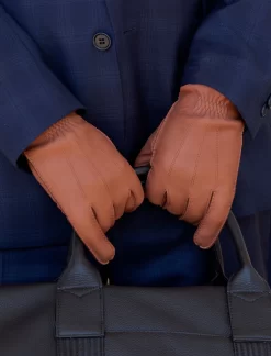 Men's Heritage Three-Point Fur-Lined Deerskin Leather Gloves -Fashion Accessories Shop 102.5 1544Havana