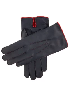 Men's Heritage Three-Point Cashmere-Lined Leather Gloves With Colour Contrast Details -Fashion Accessories Shop 15 1514 Navy Red