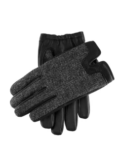 Men's Heritage Cashmere-Lined Abraham Moon Herringbone Tweed And Leather Gloves -Fashion Accessories Shop 15 1636BlackCharcoal