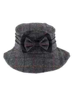 Women's Abraham Moon Tweed Check Bucket Hat With Bow Detail -Fashion Accessories Shop 3 5159Charcoal