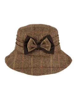 Women's Abraham Moon Tweed Check Bucket Hat With Bow Detail -Fashion Accessories Shop 3 5159Chocolate