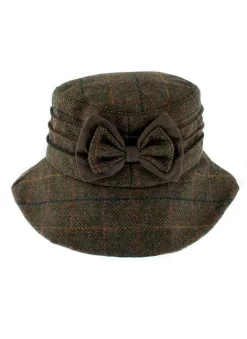 Women's Abraham Moon Tweed Check Bucket Hat With Bow Detail -Fashion Accessories Shop 3 5159Olive