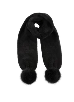 Women's Knitted Scarf With Faux Fur Pom Poms -Fashion Accessories Shop 4 2792Black