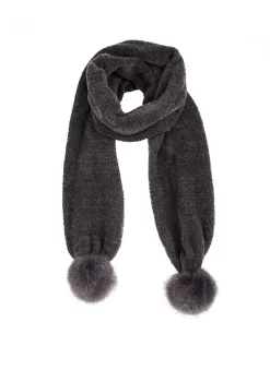 Women's Knitted Scarf With Faux Fur Pom Poms -Fashion Accessories Shop 4 2792Grey