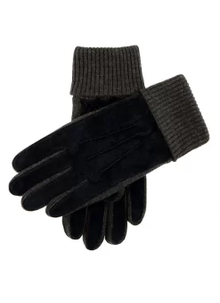Men's Three-Point Fleece-Lined Suede Gloves With Knitted Cuffs -Fashion Accessories Shop 5 1629 Navy