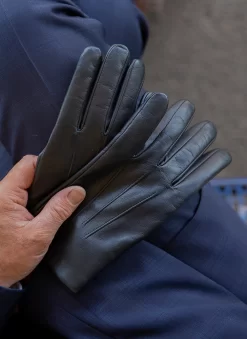 Men’s Touchscreen Three-Point Cashmere-Lined Leather Gloves -Fashion Accessories Shop 5 9199 Black 2