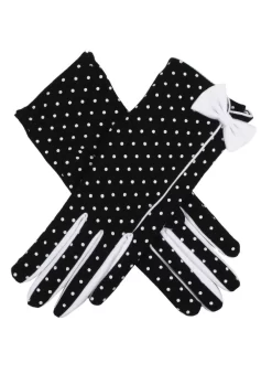 Women's Spotted Cotton Gloves With Side Bow And Trim -Fashion Accessories Shop 6 2287BlackWhite