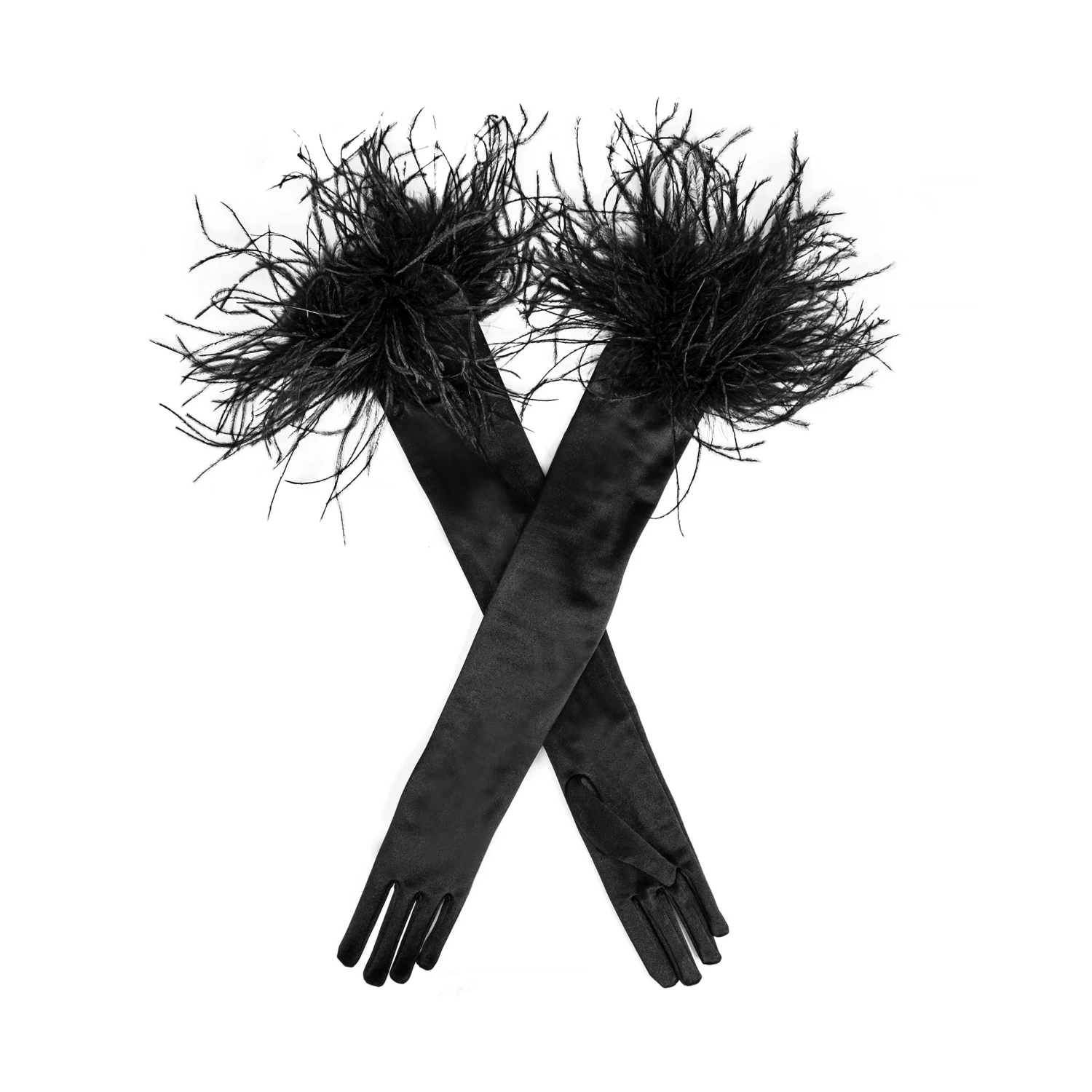 Women's Long Opera Satin Gloves With Feather Cuffs 1 Women's Long Opera Satin Gloves With Feather Cuffs