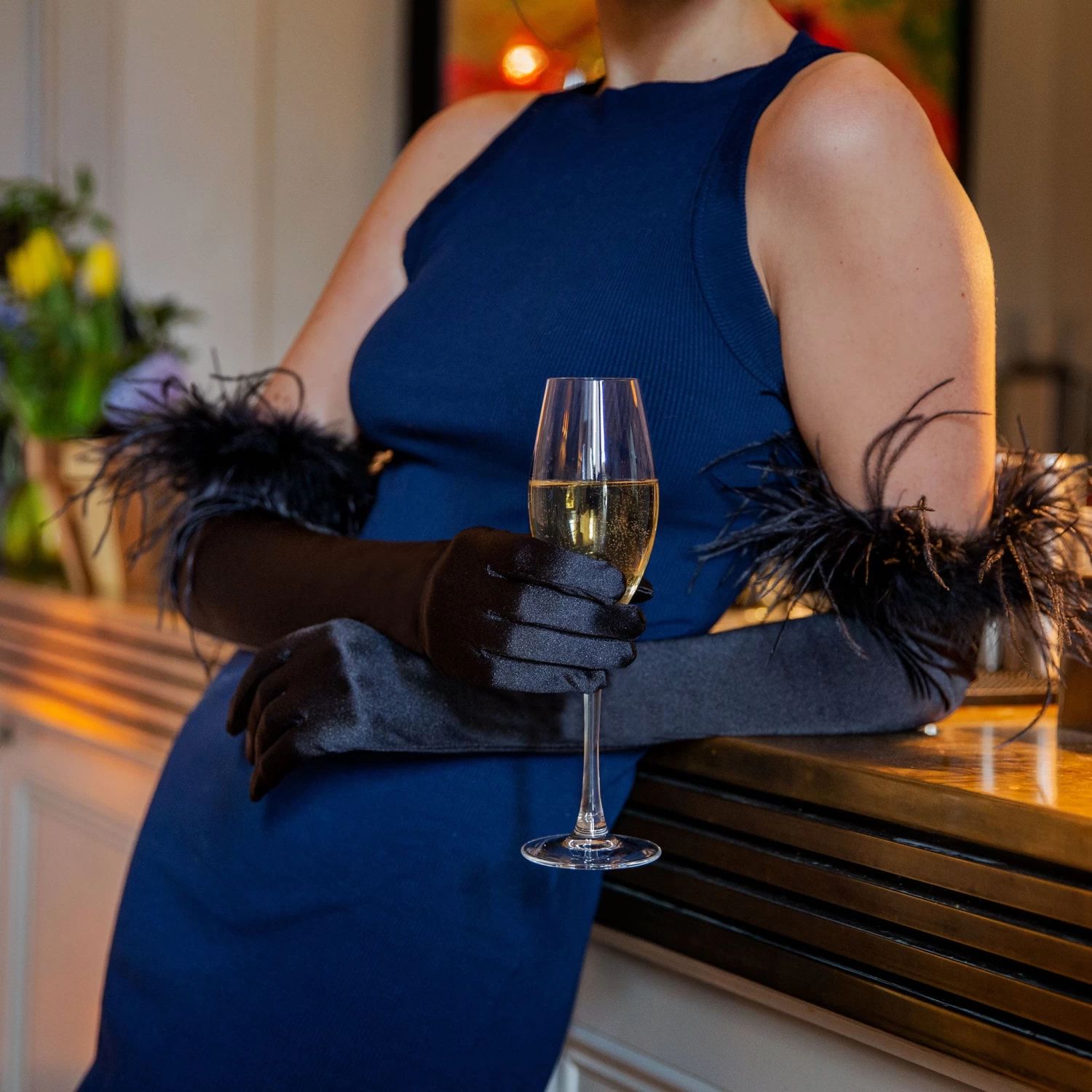 Women's Long Opera Satin Gloves With Feather Cuffs 3 Women's Long Opera Satin Gloves With Feather Cuffs - Image 3