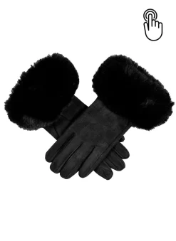 Women's Touchscreen Velour-Lined Faux Suede Gloves With Faux Fur Cuffs -Fashion Accessories Shop 6 4264 black flash