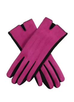 Women’s Touchscreen Three-Point Velour-Lined Faux Suede Gloves With Two-Tone Design -Fashion Accessories Shop 6 4268OrchidBlack