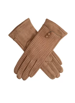 Women’s Touchscreen Velour-Lined Faux Suede Gloves With Dogtooth Print