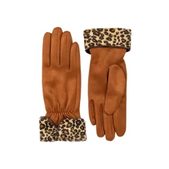 Women’s Touchscreen Velour-Lined Faux Suede Gloves With Faux Fur Leopard Print Cuffs -Fashion Accessories Shop 6 4276 Cognac 1