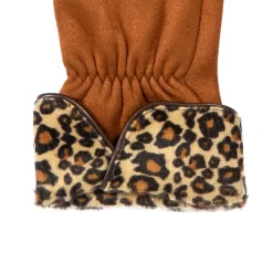 Women’s Touchscreen Velour-Lined Faux Suede Gloves With Faux Fur Leopard Print Cuffs -Fashion Accessories Shop 6 4276 Cognac 4