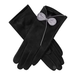 Women’s Touchscreen Velour-Lined Faux Suede Gloves With Contrast Trim And Bow -Fashion Accessories Shop 6 4278 Black