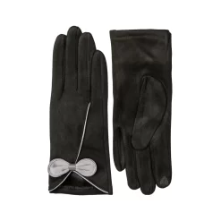 Women’s Touchscreen Velour-Lined Faux Suede Gloves With Contrast Trim And Bow -Fashion Accessories Shop 6 4278 Black Dove Grey 1