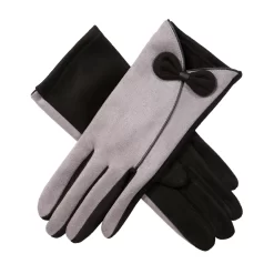 Womenâs Touchscreen Velour-Lined Faux Suede Gloves With Contrast Trim And Bow