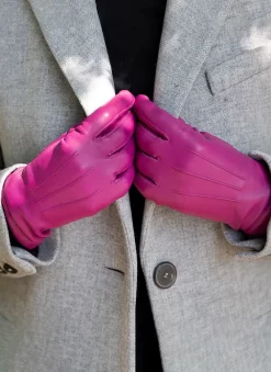 Women's Three-Point Lined Leather Gloves -Fashion Accessories Shop 7 1125 hot pink