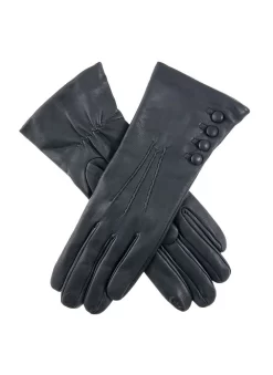Women's Three-Point Cashmere-Lined Leather Gloves With Buttons -Fashion Accessories Shop 7 2060 navy
