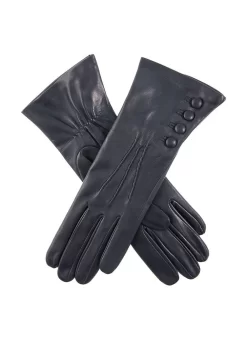 Women's Three-Point Silk-Lined Leather Gloves With Buttons -Fashion Accessories Shop 7 2079 navy eee77c3a 43cd 4115 8159 2874a2a848d0