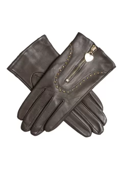 Women's Lined Leather Gloves With Studs And Heart Pendant -Fashion Accessories Shop 7 2446 Brown