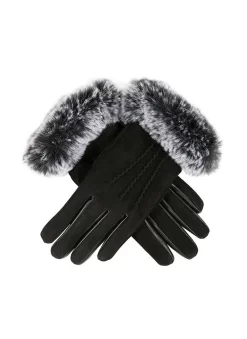 Women’s Water-Resistant Three-Point Faux Fur-Lined Nubuck Leather Gloves With Faux Fur Cuffs