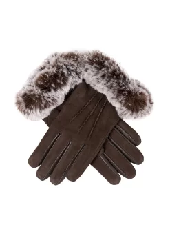 Women’s Water-Resistant Three-Point Faux Fur-Lined Nubuck Leather Gloves With Faux Fur Cuffs -Fashion Accessories Shop 7 5018 Mocca