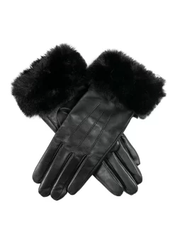 Women’s Touchscreen Three-Point Lined Leather Gloves With Faux Fur Cuffs -Fashion Accessories Shop 7 5019 Black