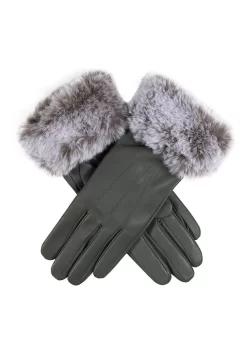 Women’s Touchscreen Three-Point Lined Leather Gloves With Faux Fur Cuffs -Fashion Accessories Shop 7 5019 Charcoal