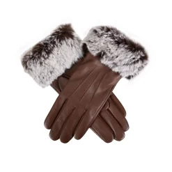 Women’s Touchscreen Three-Point Lined Leather Gloves With Faux Fur Cuffs -Fashion Accessories Shop 7 5019 Chestnut