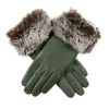 Women’s Touchscreen Three-Point Lined Leather Gloves With Faux Fur Cuffs