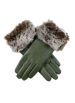 Women’s Touchscreen Three-Point Lined Leather Gloves With Faux Fur Cuffs