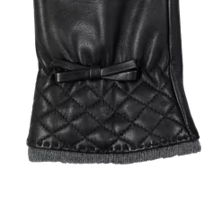 Women’s Wool-Lined Leather Gloves With Quilted Cuffs And Bow -Fashion Accessories Shop 7 5021 Black Charcoal 4