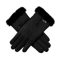Women’s Touchscreen Faux Fur-Lined Leather Gloves With Zip -Fashion Accessories Shop 7 5022 Black 1