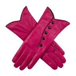 Women’s Wool-Lined Leather Gloves With Buttons And Piping -Fashion Accessories Shop 7 5023 Fuchsia Black