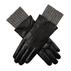Women’s Three-Point Wool Blend-Lined Leather Gloves With Knitted Cuffs