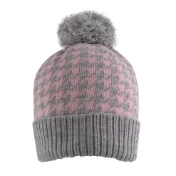 Women’s Knitted Bobble Hat With Dogtooth Pattern -Fashion Accessories Shop WOMENS DOGTOOTH KNITTED BOBBLE HAT GREY PINK