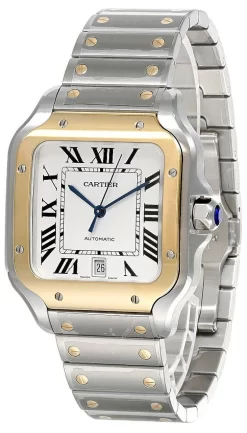 CARTIER Santos De Silvered Opaline Dial 39.8MM Gold Bezel Men's Watch W2SA0009