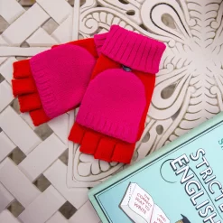 Women’s Two-Tone Fingerless Gloves With Mitten Flap -Fashion Accessories Shop fingerless gloves mittens red pink