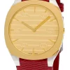 GUCCI 25H 34MM QTZ SS Golden Brass Dial Red LTHR Unisex Watch YA163415