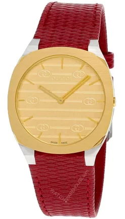 GUCCI 25H 34MM QTZ SS Golden Brass Dial Red LTHR Unisex Watch YA163415