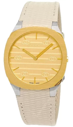 GUCCI 25H 34MM QTZ SS Golden Brass Dial White LTHR Unisex Watch YA163416
