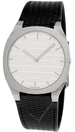 GUCCI 25H 38MM Quartz Silver Brass Dial Leather Unisex Watch YA163419