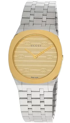 GUCCI 25H Quartz 30MM Stainless Steel Brass Dial Women's Watch YA163502