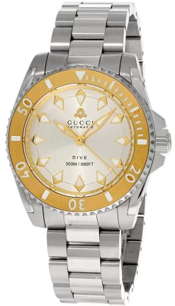 GUCCI Dive 40MM AUTO SS 18K Gold Plated Bezel Men's Watch YA136357