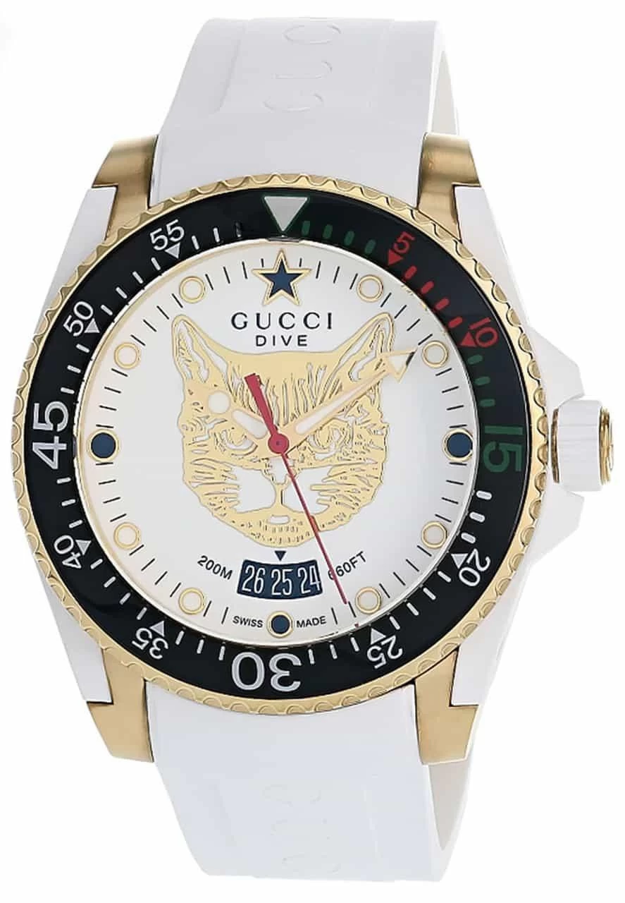 GUCCI Dive 40MM White Feline Head Dial Rubber Men's Watch YA136322 1 GUCCI Dive 40MM White Feline Head Dial Rubber Men's Watch YA136322