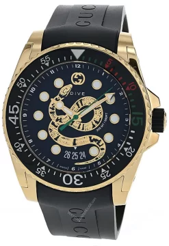 GUCCI Dive 45MM QTZ Gold Snake Dial Black Rubber Men's Watch YA136219