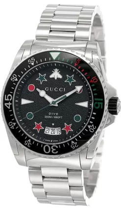 GUCCI Dive 45MM Quartz S-Steel Black Dial Bracelet Men's Watch YA136221