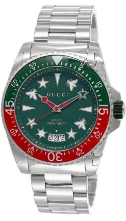 GUCCI Dive 45MM Quartz S-Steel Green Dial Bracelet Men's Watch YA136222