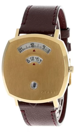 Fashion Accessories Shop 44 GUCCI Grip 38MM Yellow Gold PVD Bordeaux Leather Unisex Watch YA157411
